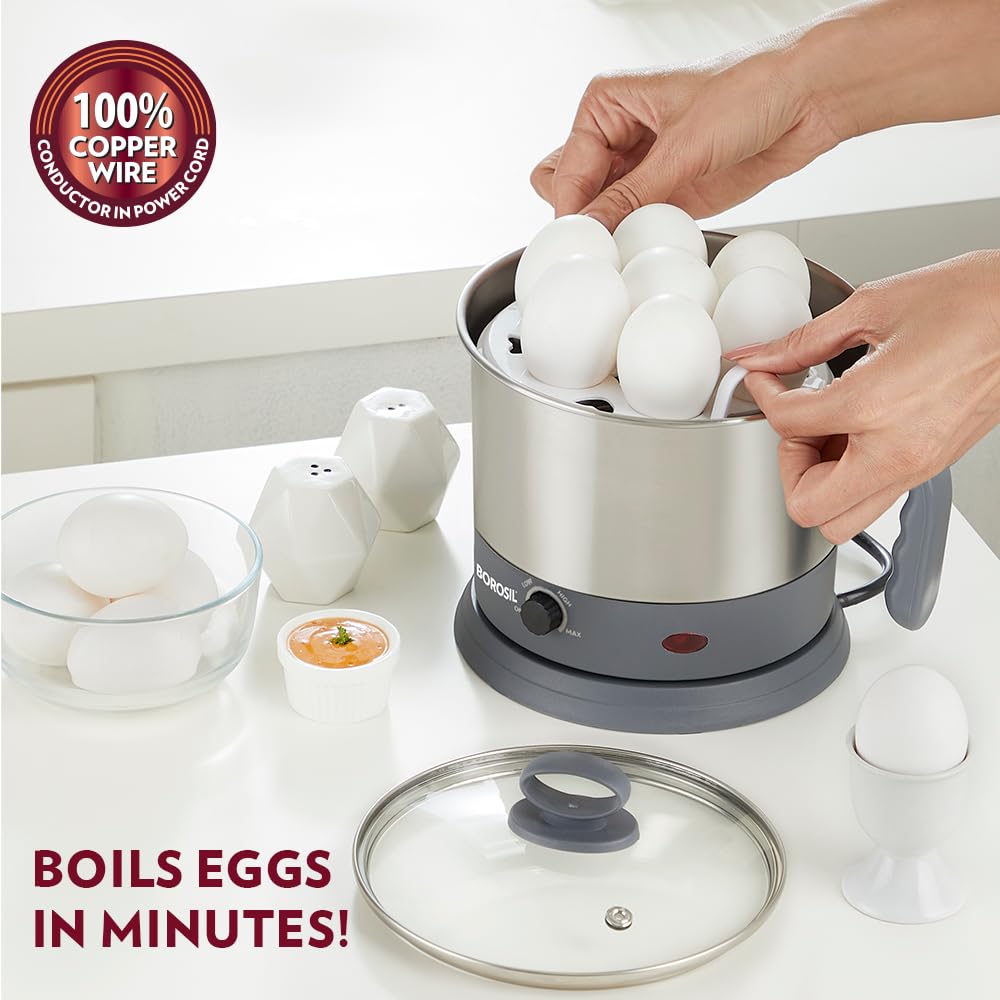 Borosil Multipurpose Electric Kettle with Egg Tray, Idli Stand, Steamer & Grill Plate | 360° Rotating Base, Auto Cutoff, Overheat & Dry Boil Protection, 1 Year Warranty (1.3 L)