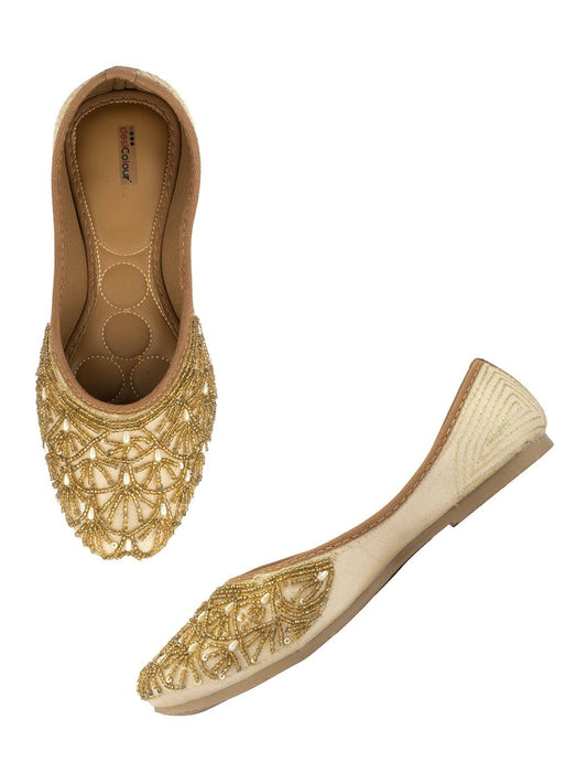 DESI COLOUR Women Ethnic Footwear Mojari/Punjabi Jutti- Dabka Work6 (Beige, Numeric_6)