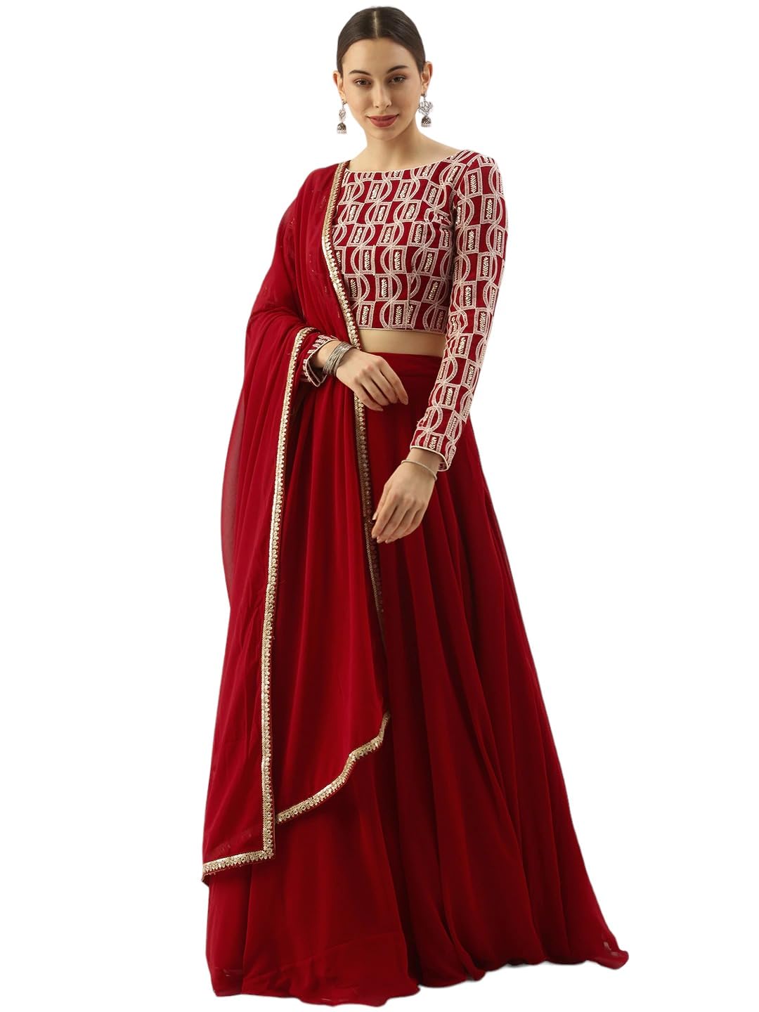 Zeel Clothing Women's Chikankari Sequins Embroidered Georgette Semi-Stitched Lehenga Choli With Dupatta (5050-Red-Wedding-Girlish-Latest; Free Size)