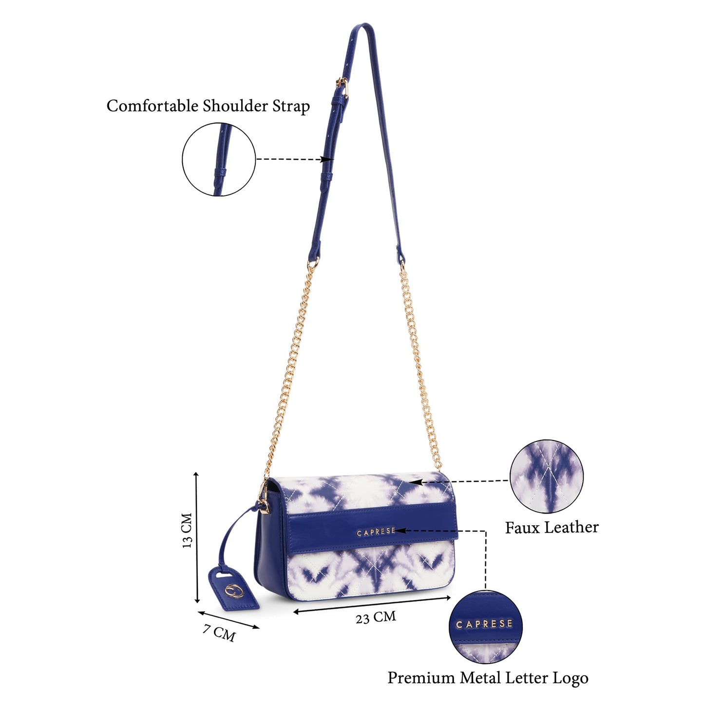 Caprese Shibori Medium Sling Bag for Women with Adjustable & Detachable Strap | Printed Faux Leather Shoulder Bag with Multi-Compartments | Zipper & Magnetic Button | Detachable Charm (Blue)