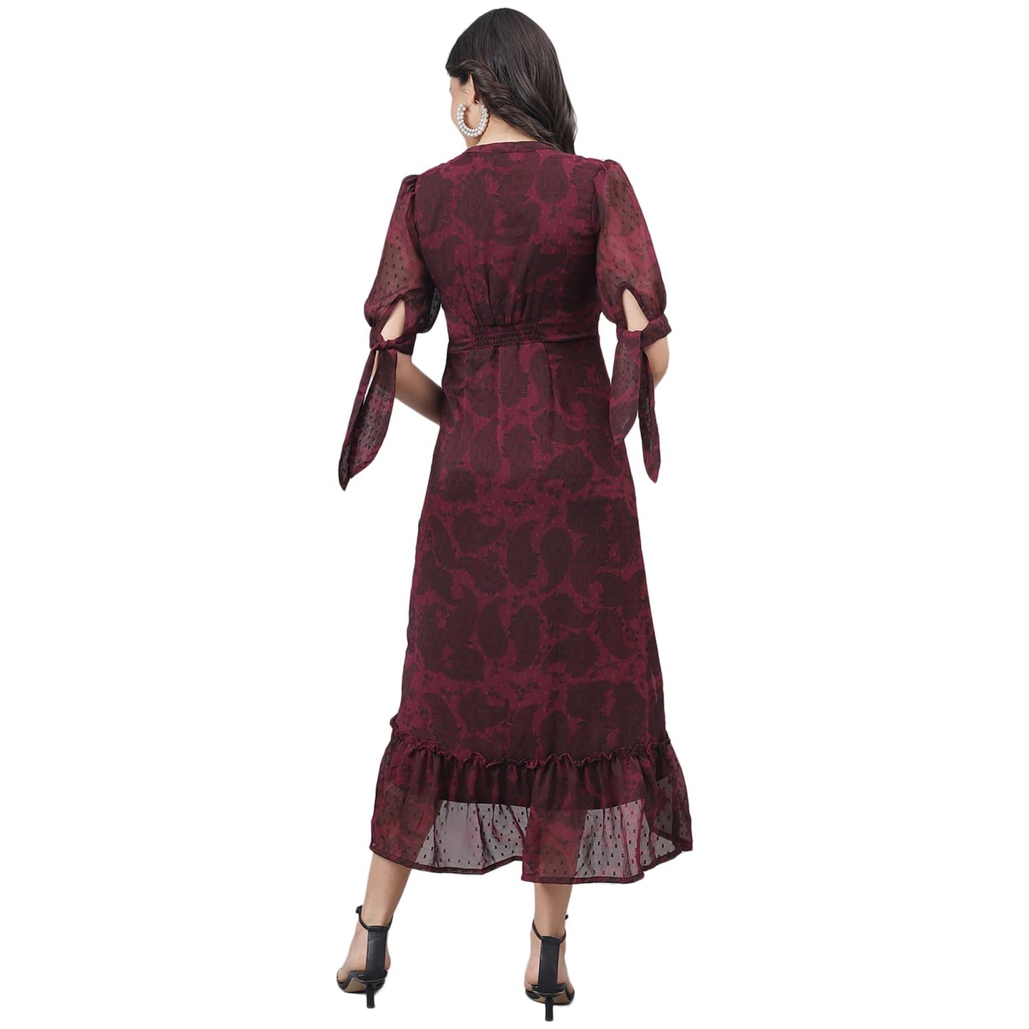 Latin Quarters Women Maroon Half Sleeve V-Neck High Low Dress_L