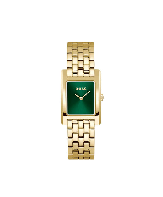 BOSS Lucy Qtm Qtz Basic Slim Green Rectangle Dial Women's Watch|Ionic Plated Thin Gold Steel Material|Gold Color Band - 1502785