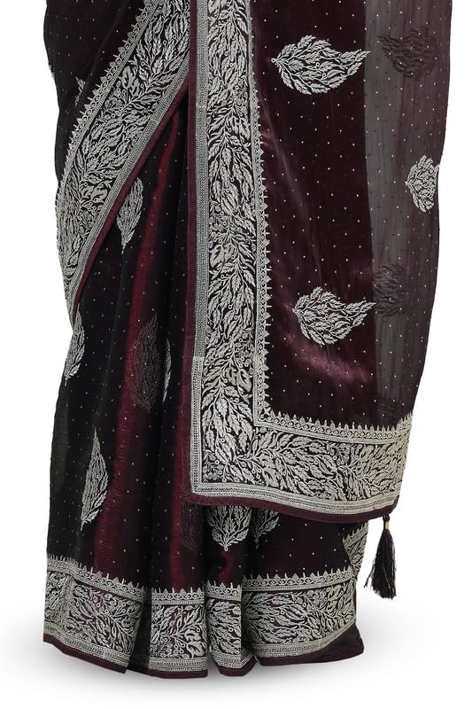 Soch Womens Wine Organza Zari Embroidered Saree With Stone Work