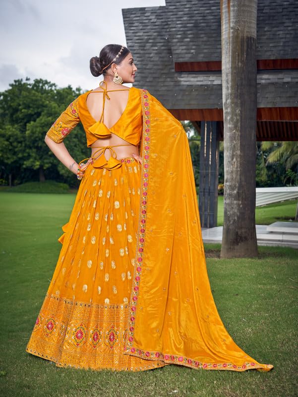 Samprag Silk Lehenga Choli Set for Womens | Sleevless | Sweetheart Neck |Ideal for Wedding & Party Occassions | Yellow | M