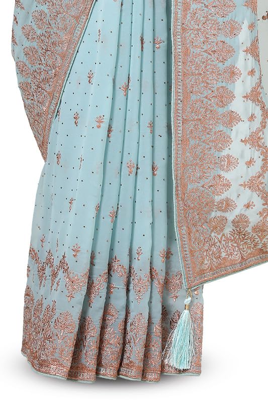 Soch Womens Powder Blue Georgette Embroidered Saree With Stonework