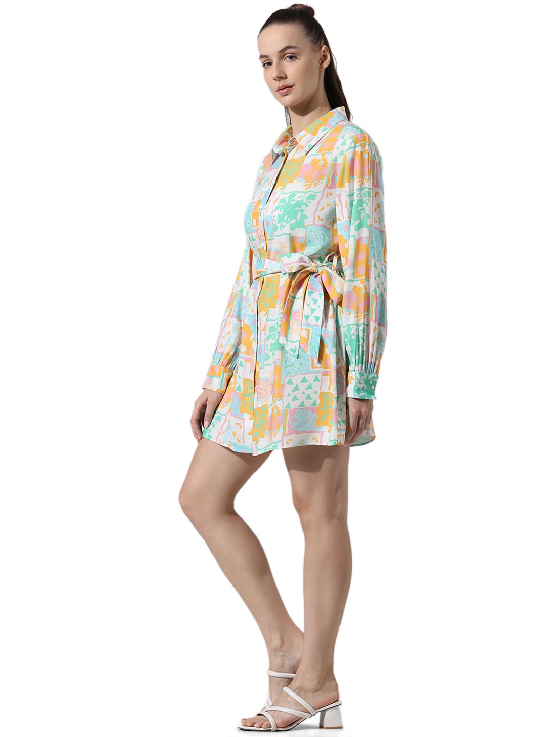 ONLY Women Printed Viscose Above Knee Loose Fit Multicolor Shirt Dress