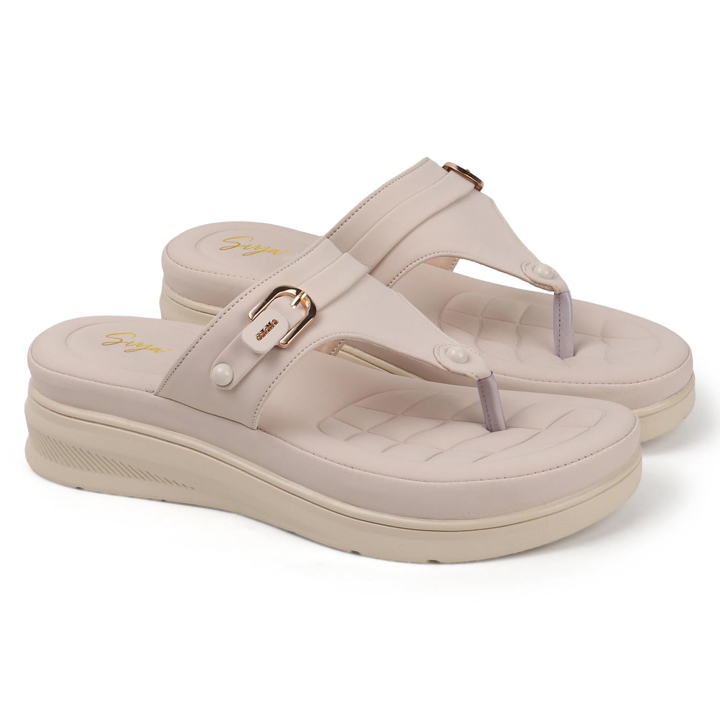 SVYA, Women Wedge Heels Thong Sandals| Comfortable Flats Sandals (Cream, UK Footwear Size System, Adult, Women, Numeric, Medium, 7)