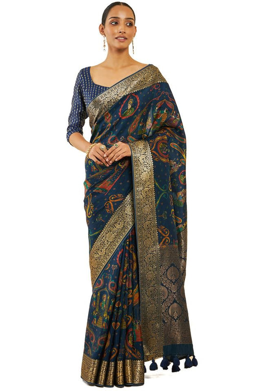 Soch Womens Navy Blue Crepe Saree With Ethnic Print And Zari Borders