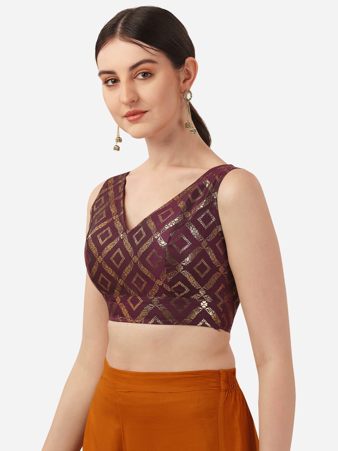 OOMPH! Women's Indian Ethnic Wear Designer Double Square Pattern Lace Work V Neck Sleeveless Purple Color Jacquard Readymade Blouse for Saree or Lehnga and Fusion Twist. L