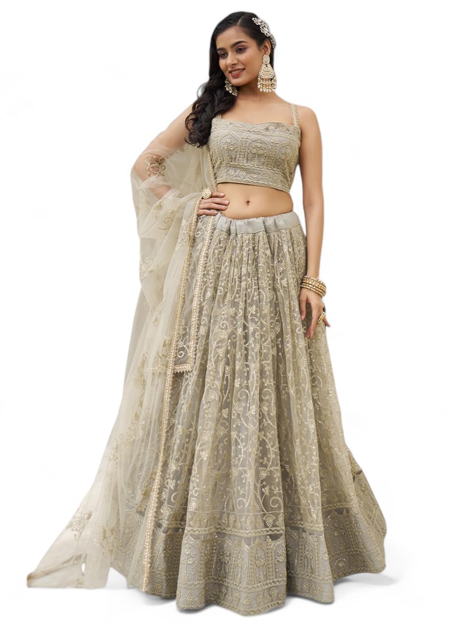 Zeel Clothing Women's Thread Sequins Work Embroidery Net Gorgeous Lehenga Choli with Dupatta (2133-Ivory-Wedding-Women-Lehenga-Choli-Latest; Free Size)