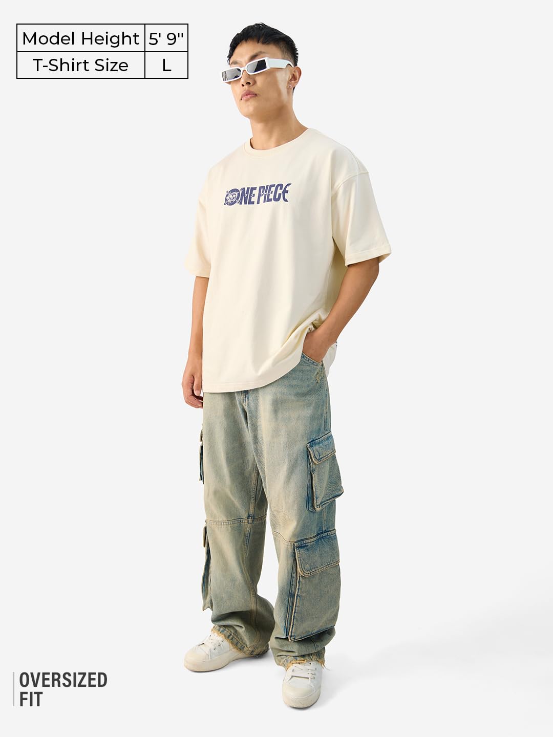 The Souled Store Official One Piece: Going Merry Men and Boys Short Sleeve Round Neck White Graphic Printed Cotton Oversized T-Shirts