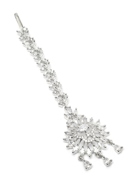 Karatcart Silver Plated American Diamond Studded Maangtikka for Women