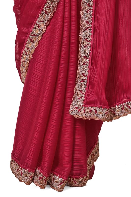 Soch Womens Maroon Striped Chiffon Saree with Zardosi Lace