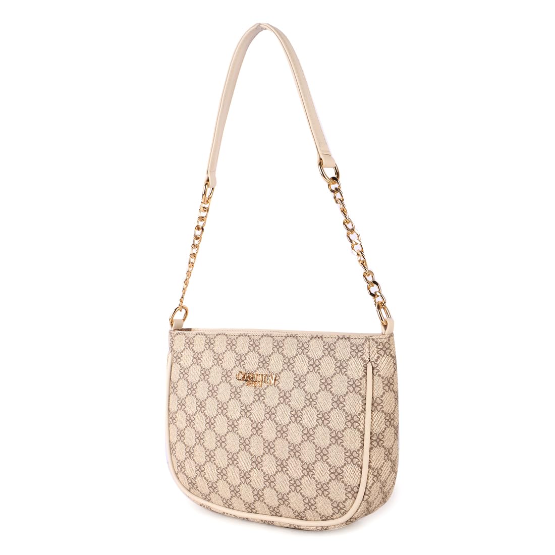 Carlton London Women's Beige Signature Crossbody Bag with Gold Chain Strap