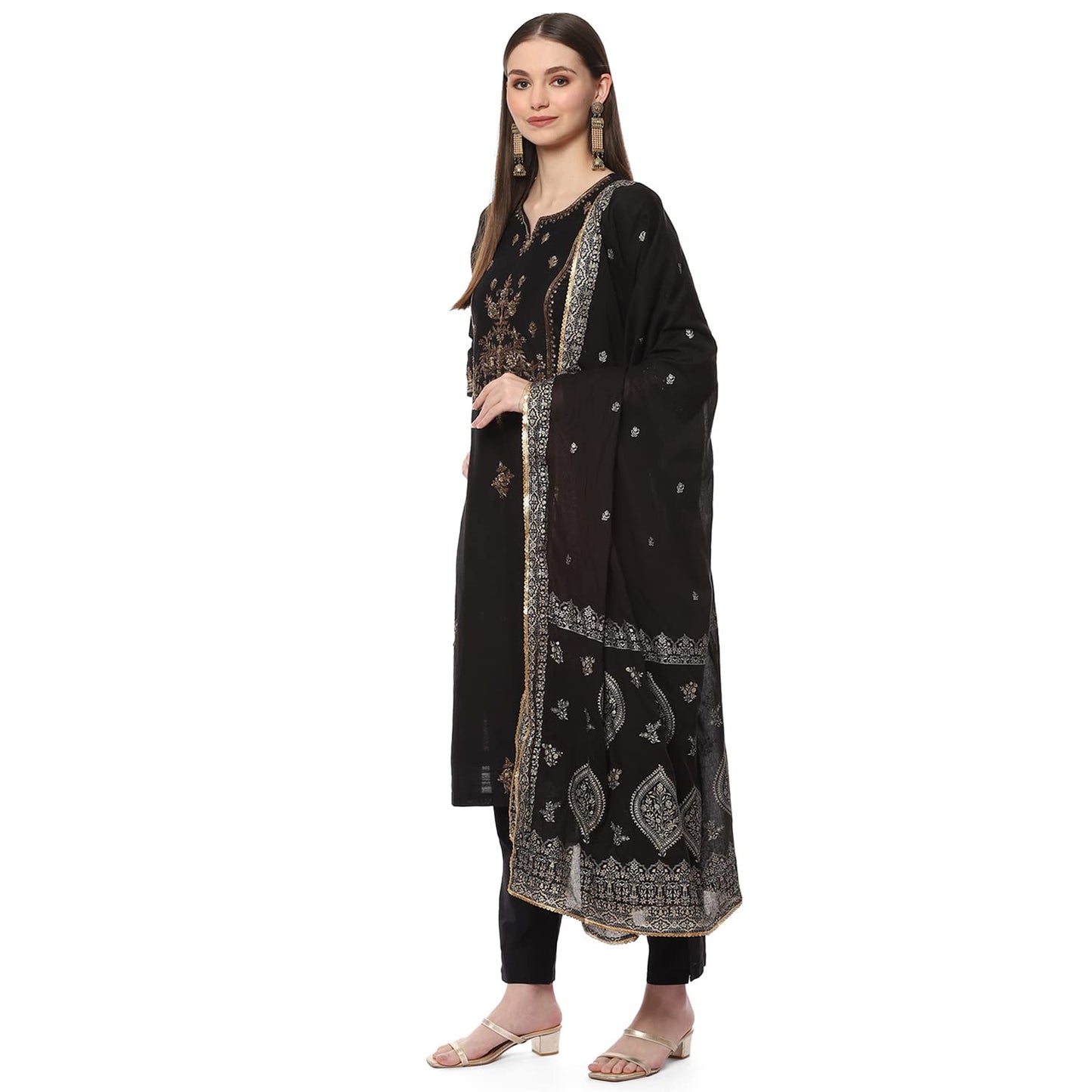 BIBA Women's Solid; Embroidred Narrow Salwar Kurta Dupatta(Skd7185_Black_38) - Viscose