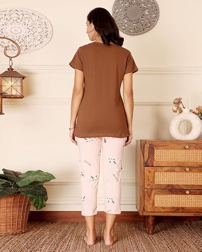 BODYCARE Women's Cotton Printed T-Shirt and Capri Set | Soft & Breathable Nightwear | Short Sleeves | Loungewear Co-Ord Set| BSCS16029_100 Multicolour