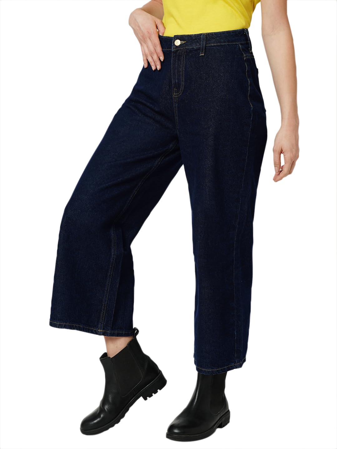 ONLY Women Solid Cotton Wide Leg High Rise Regular Length Blue Jeans
