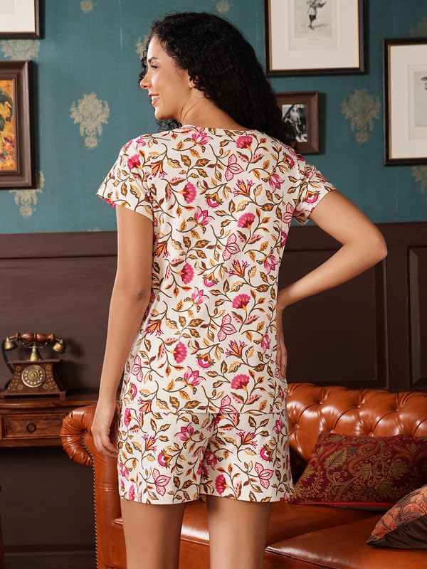Clovia Women's Cotton Nightwear Set – Abstract Print T-Shirt & Shorts | Sleepwear Lounge Set