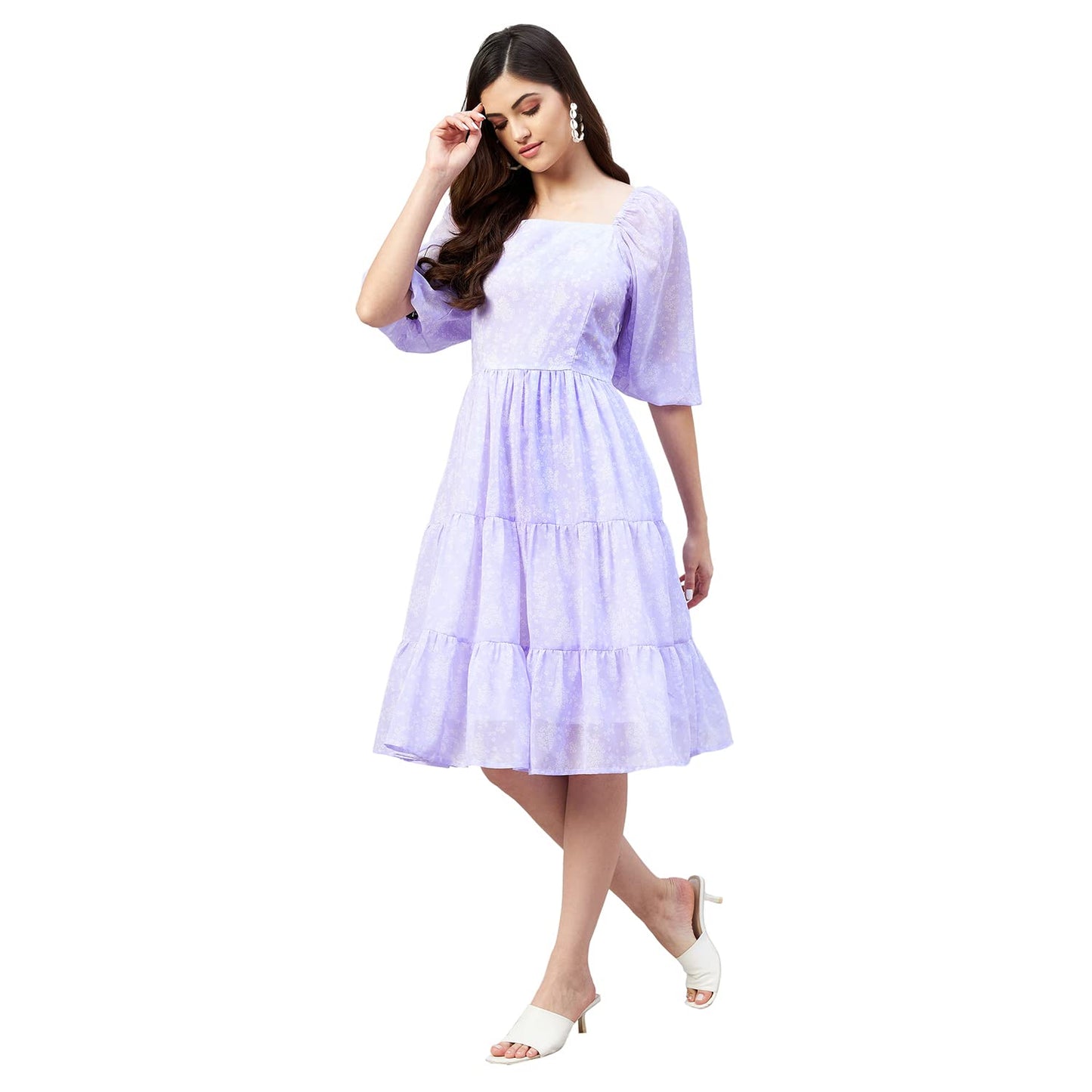 Carlton London Women's Georgette Fit and Flare Knee-Length Dress (CL646A_Lavender_Small)