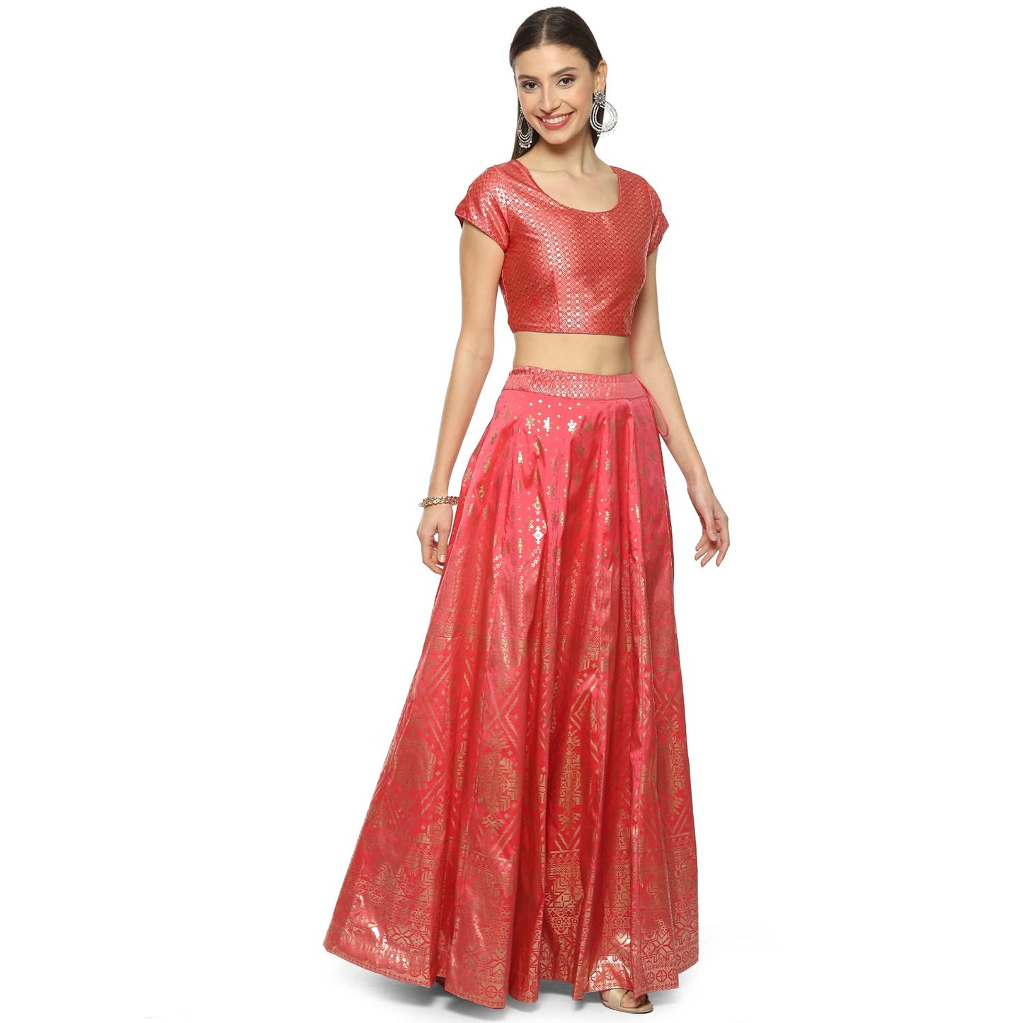 BIBA Women's Coral Pink Cotton Blend Readymade Lehenga Choli Set Medium