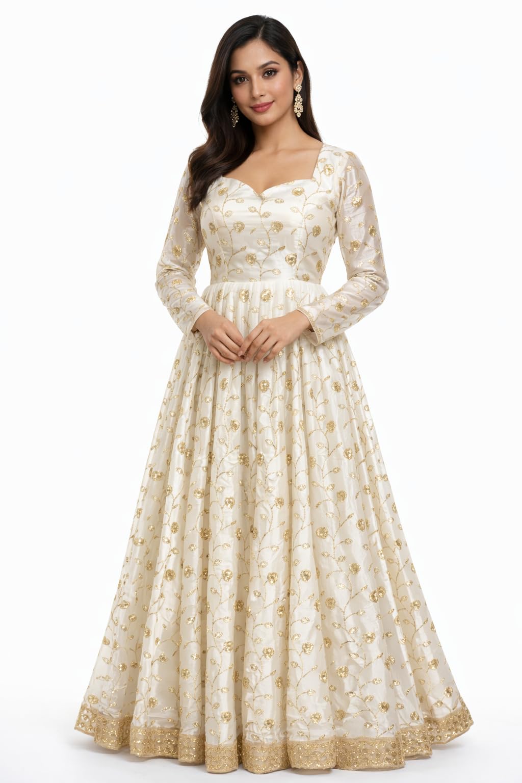 Glinty Chic Women's White and Gold Embroidered Anarkali Gown with Dupatta, Floral Sequin Work, Sweetheart Neck, Ethnic Wear (in, Alpha, S, Regular)