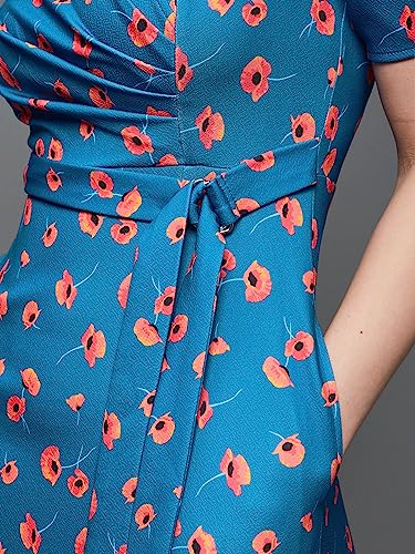 Miss Chase Women's V-Neck Pleated Puff Sleeve Floral Patterned Wrap with Pockets Midi Polyester Dress(MCSS23D98-53-163-06, Blue, XL)