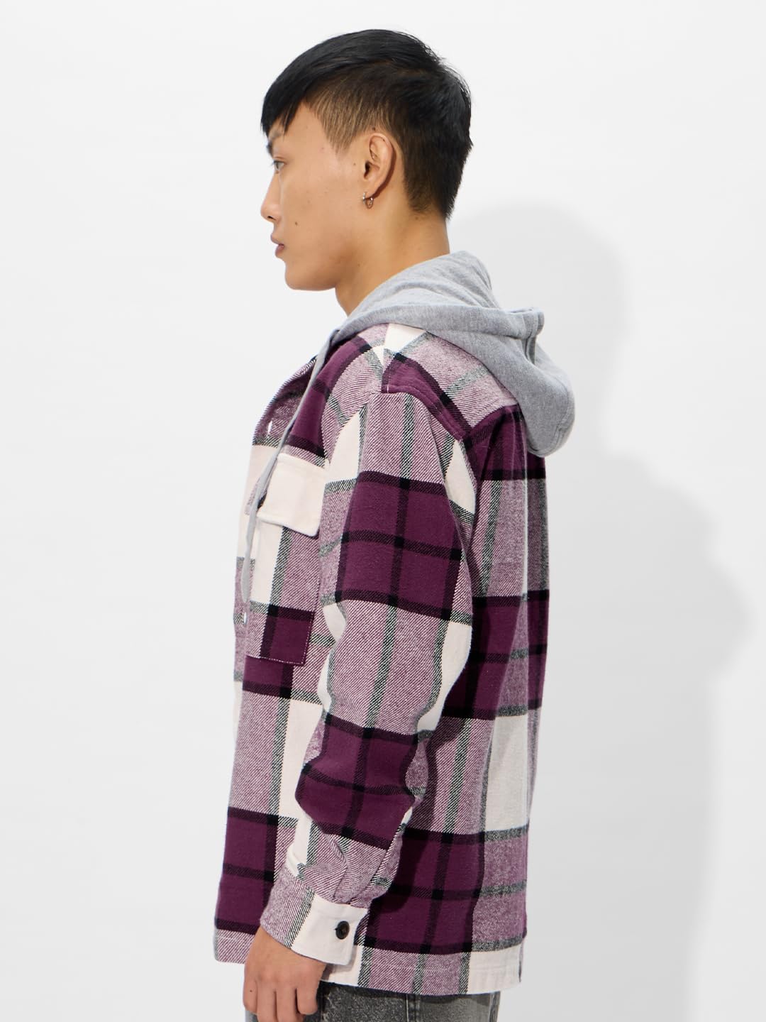 The Souled Store Plaid Hooded Shacket: Mauve Mist Men and Boys Long Sleeves Hooded Neck Button Front Cotton Oversized Shackets