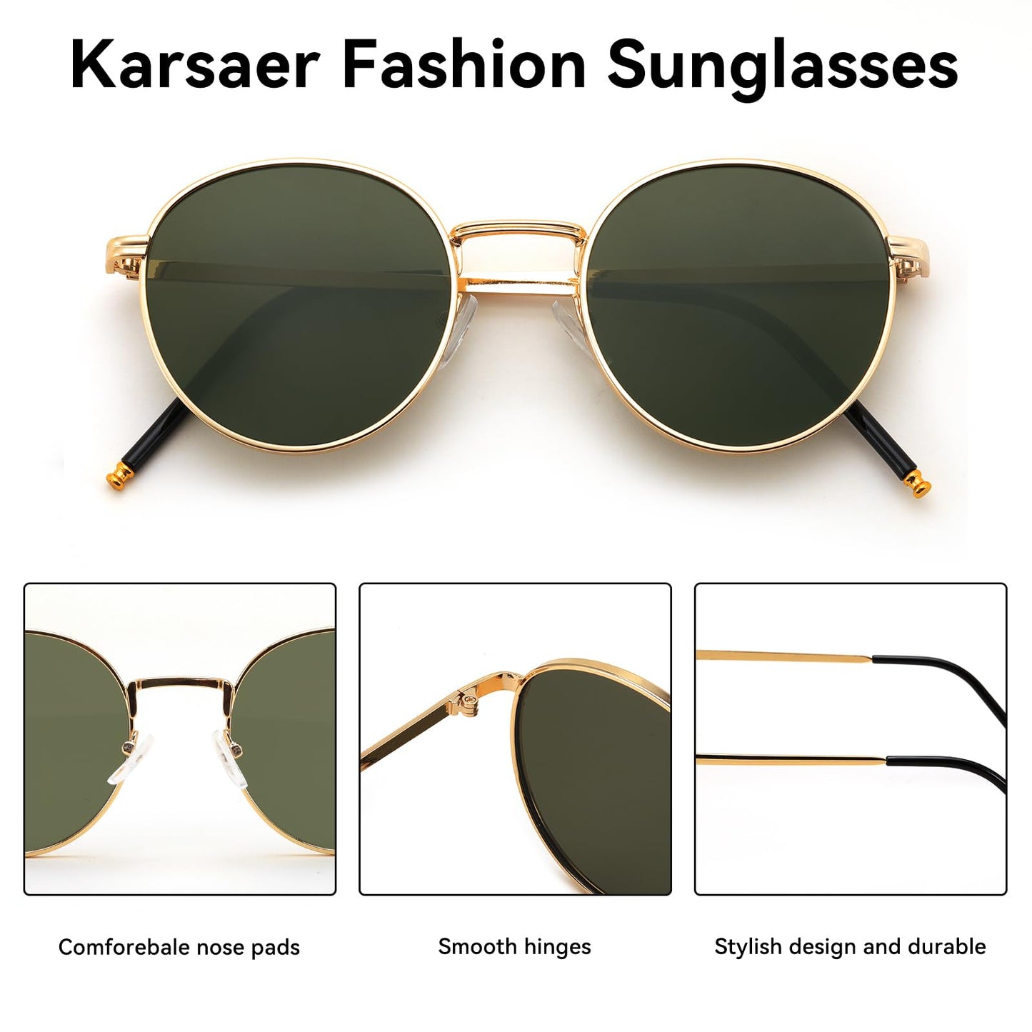 Karsaer Retro Round Metal Frame Non-Polarized Sunglasses Women Sun Protection Fashion Sun Shade Glasses E1092, Gold,Green, Size_51