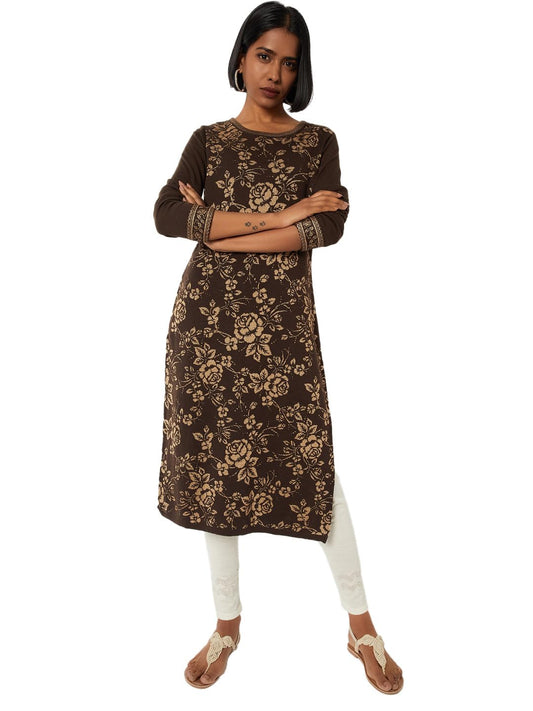 Max Women Floral Knit Straight Kurta (Brown_XXL)