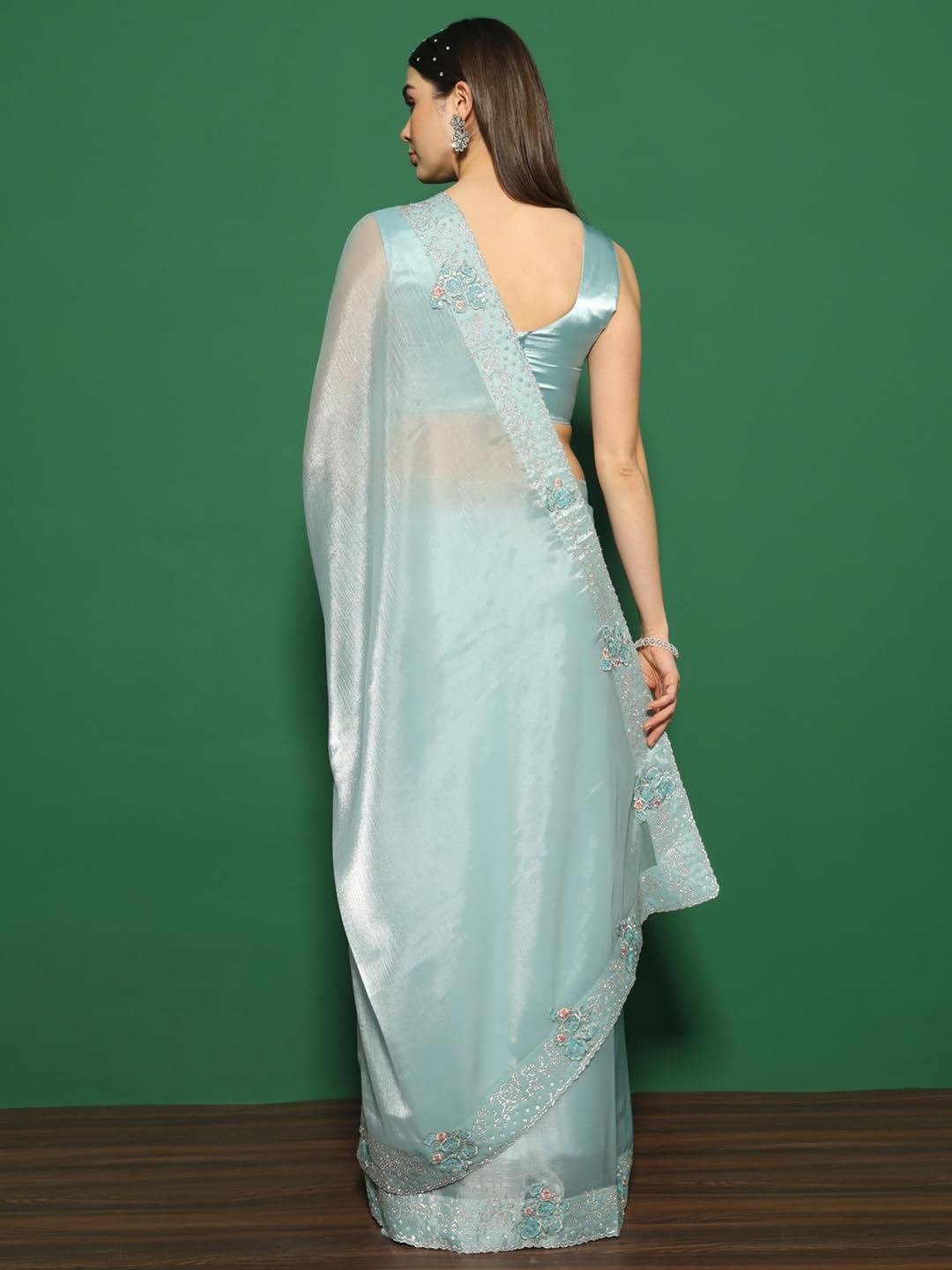 SAREE MALL Women's Organza Solid Saree With Unstitched Blouse Piece(Teal blue_FF0MAHEK737G_MK)