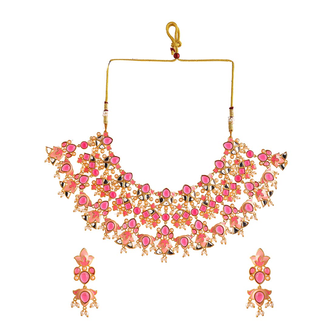 VOYLLA Forever More Pink Stones and Pearls Enamelled Luxurious Jewellery Set