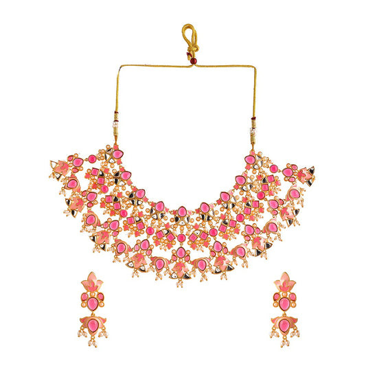 VOYLLA Forever More Pink Stones and Pearls Enamelled Luxurious Jewellery Set