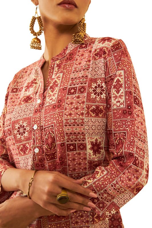 Soch Womens Brown Rayon Ethnic Motif Foil Printed Mandarin Collar Tunic