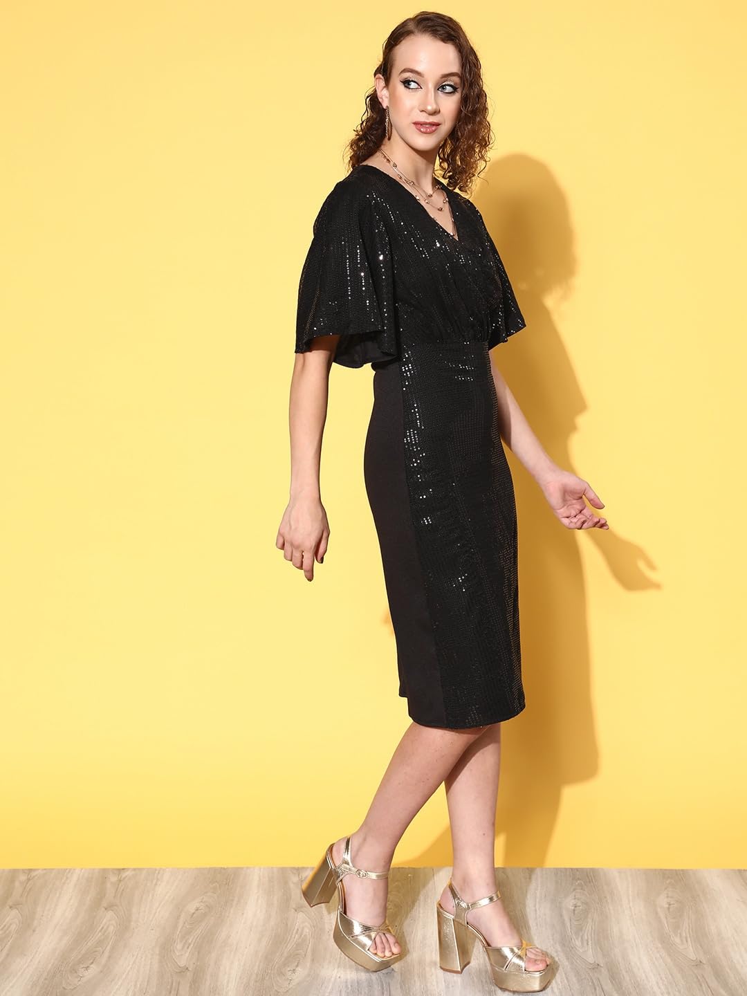 Black Sequin Wrap Front Midi Dress