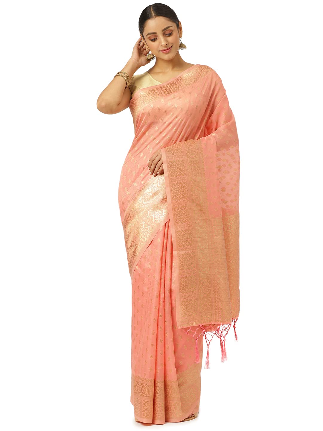 KARAGIRI Womens Maheshwari Silk Pink Saree With Blouse Piece