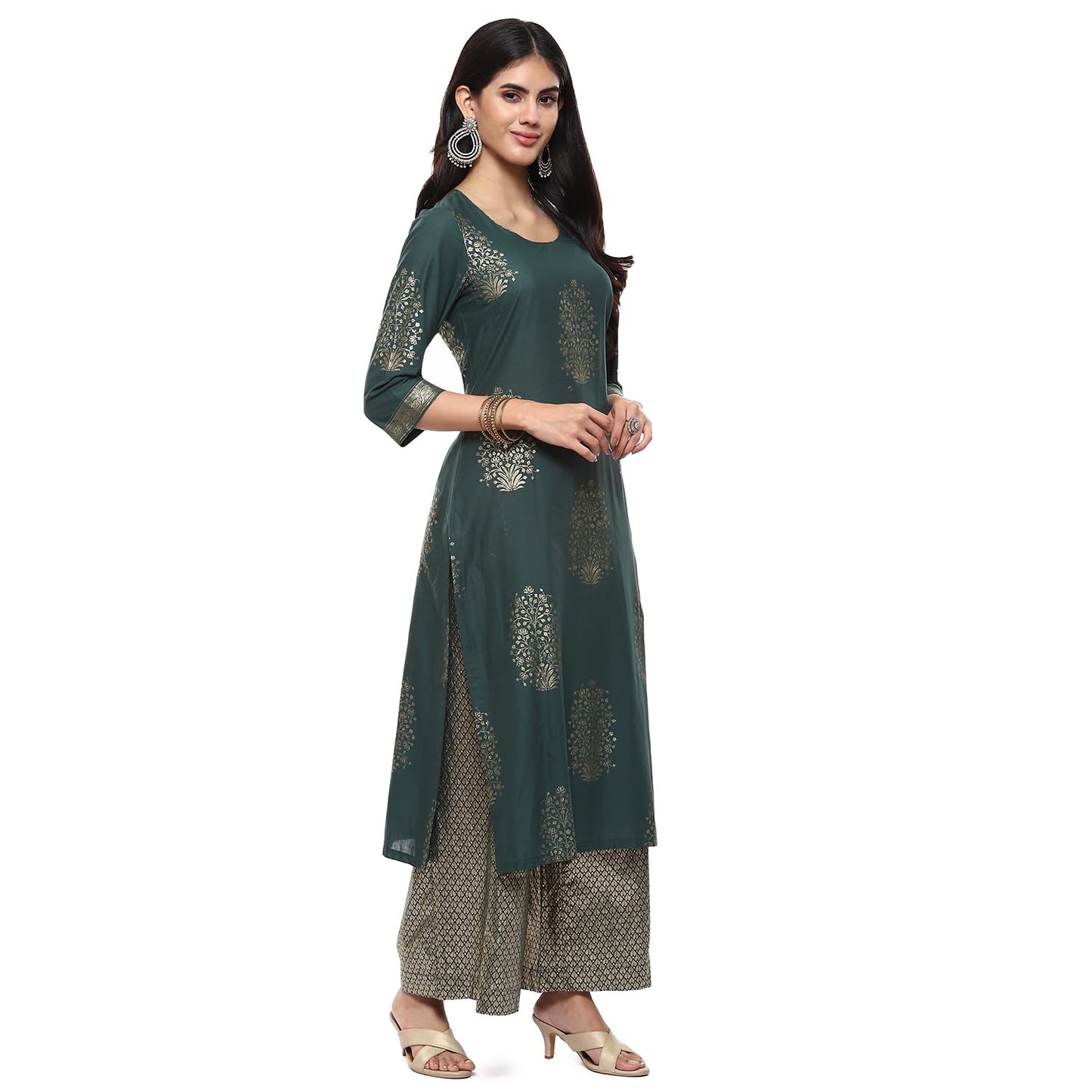 BIBA Cotton Women Printed Straight Salwar Kurta Dupatta(Skdassorted7074E_Green_38)