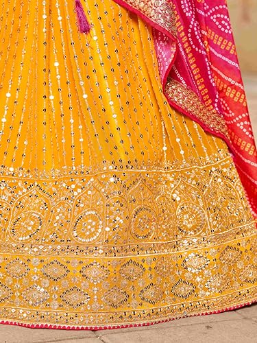 Zeel Clothing Women's Real Mirror Work Georgette New Semi-Stitched Lehenga Choli With Dupatta (5077-Yellow-Pink-Wedding-Designer-New; Free Size)