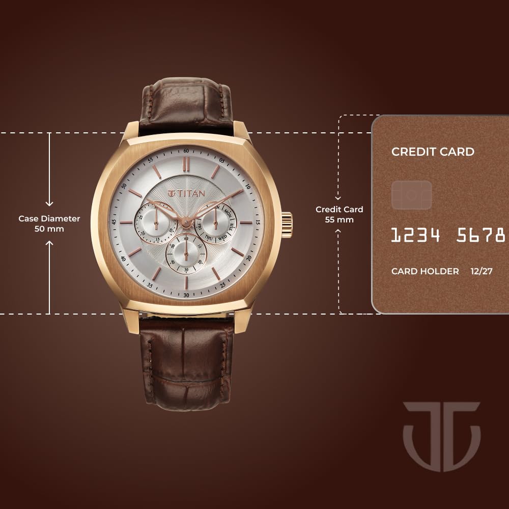 Titan Regalia Arc Analog with Day Date Second Subdial and Silver Dial Brown Leather Strap Watch for Men - 90213WL01