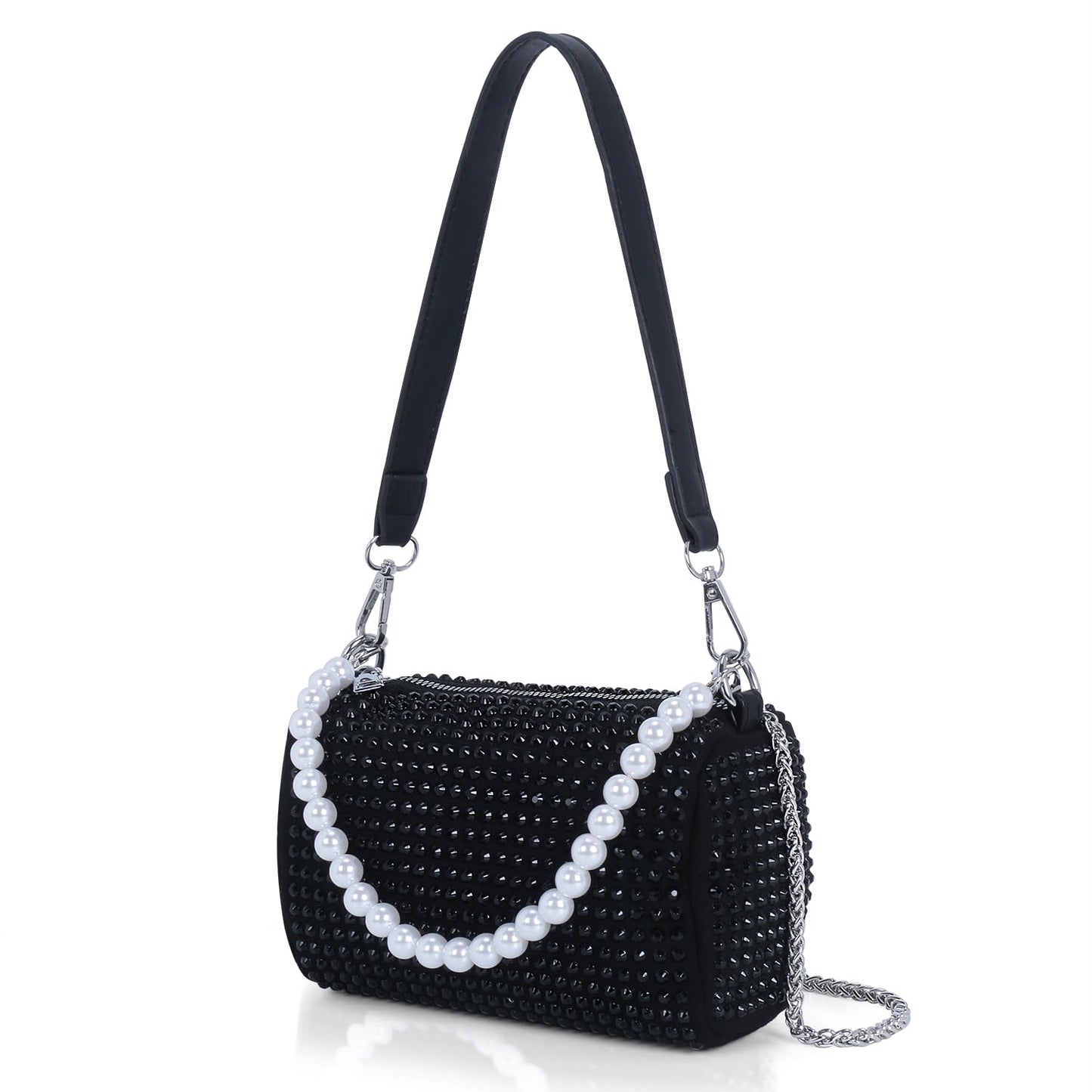 DOSYSO Rhinestone Crossbody sling Bag with Chain strap side Bag Evening Clutch Pearl Handle Designer Handbags for Women Stylish Latest Girls Glitter Ladies Purse for Party Wedding (BLACK)