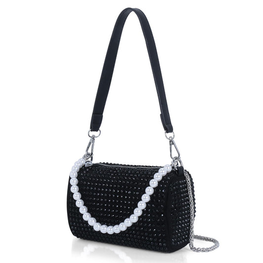 DOSYSO Rhinestone Crossbody sling Bag with Chain strap side Bag Evening Clutch Pearl Handle Designer Handbags for Women Stylish Latest Girls Glitter Ladies Purse for Party Wedding (BLACK)