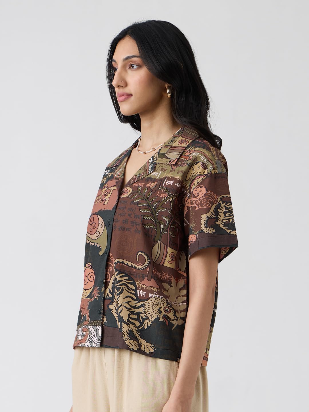 The Souled Store Panchatantra Women and Girls Short Sleeves Collared Neck Button Front Brown All Over Printed Oversized Fit Cotton Holiday Shirts