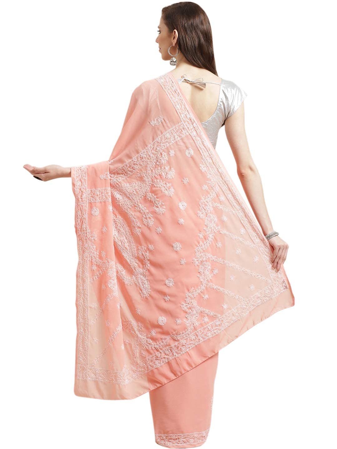 Ada Women's Handmade Lucknowi Chikankari Faux Georgette Saree with Blouse A191789 Peach