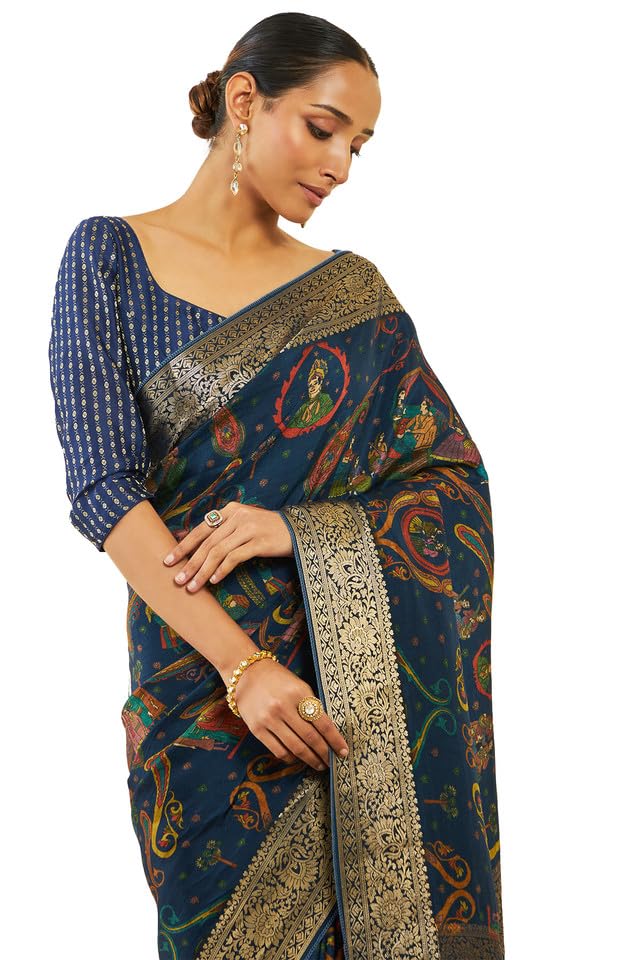 Soch Womens Navy Blue Crepe Saree With Ethnic Print And Zari Borders