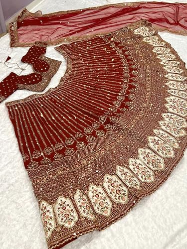 TRENDMALLS Women Satin Semi Stitched Embroidery With Golden Sequin Work Lehenga Choli With Dupatta - Bridal Lehenga Choli (L272-Maroon), 42