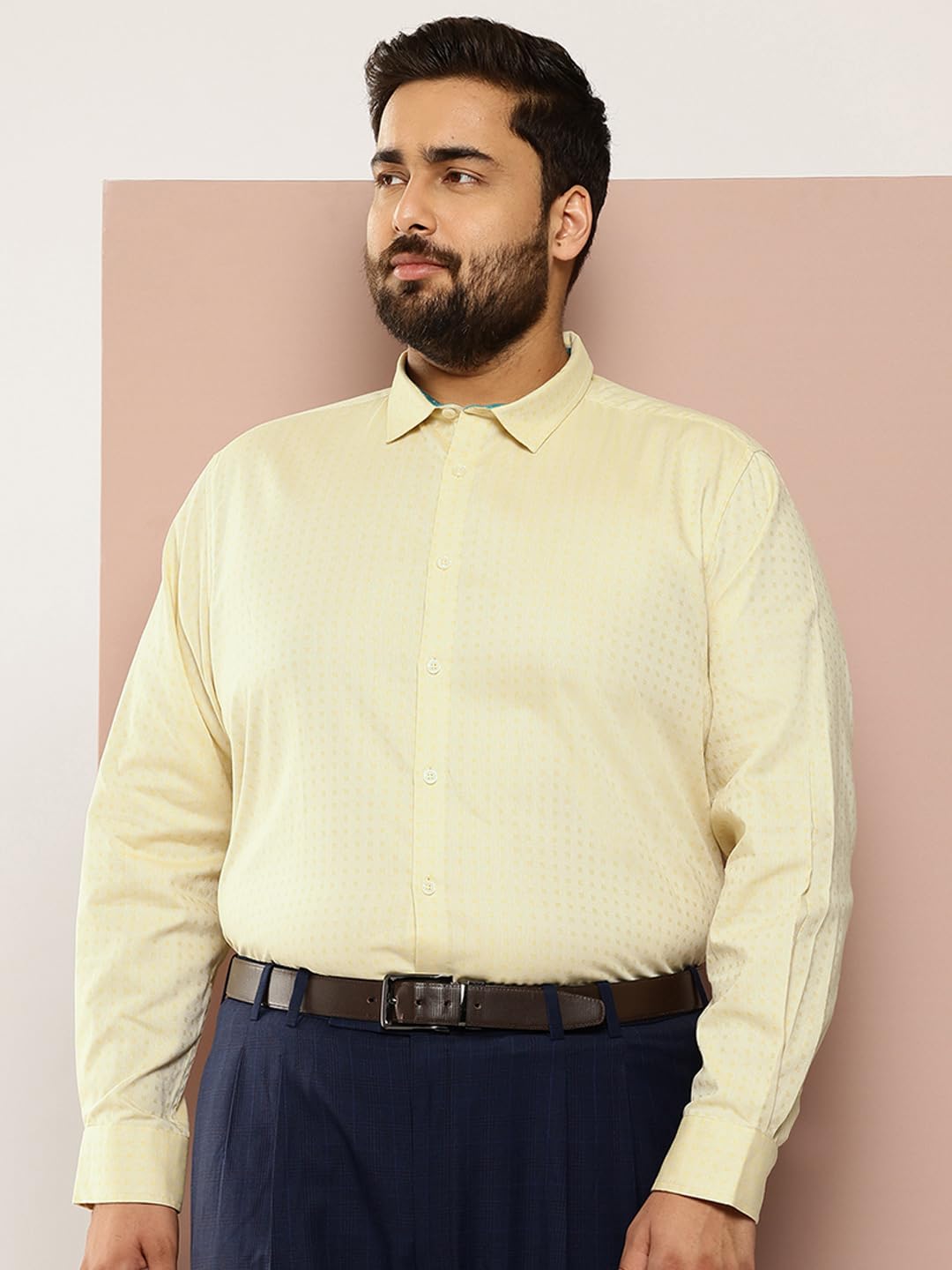 Thomas Scott Mens Plus Size 100% Cotton Full Sleeves Textured Formal Shirt (TS1340_Yellow, 4XL)