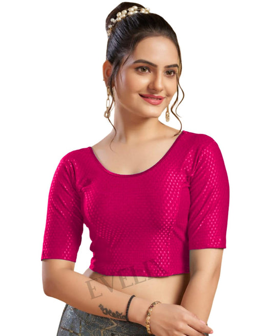 EVELIX Ethnic Designer 3/4 Sleeve Blouse for Women Cotton Lycra, Stretchable, Readymade - Stylish Round Neck Blouse for Saree, Choli, and Lehenga - Pull On Design (Magenta Pink, 40 to 44 (Big Sizes))
