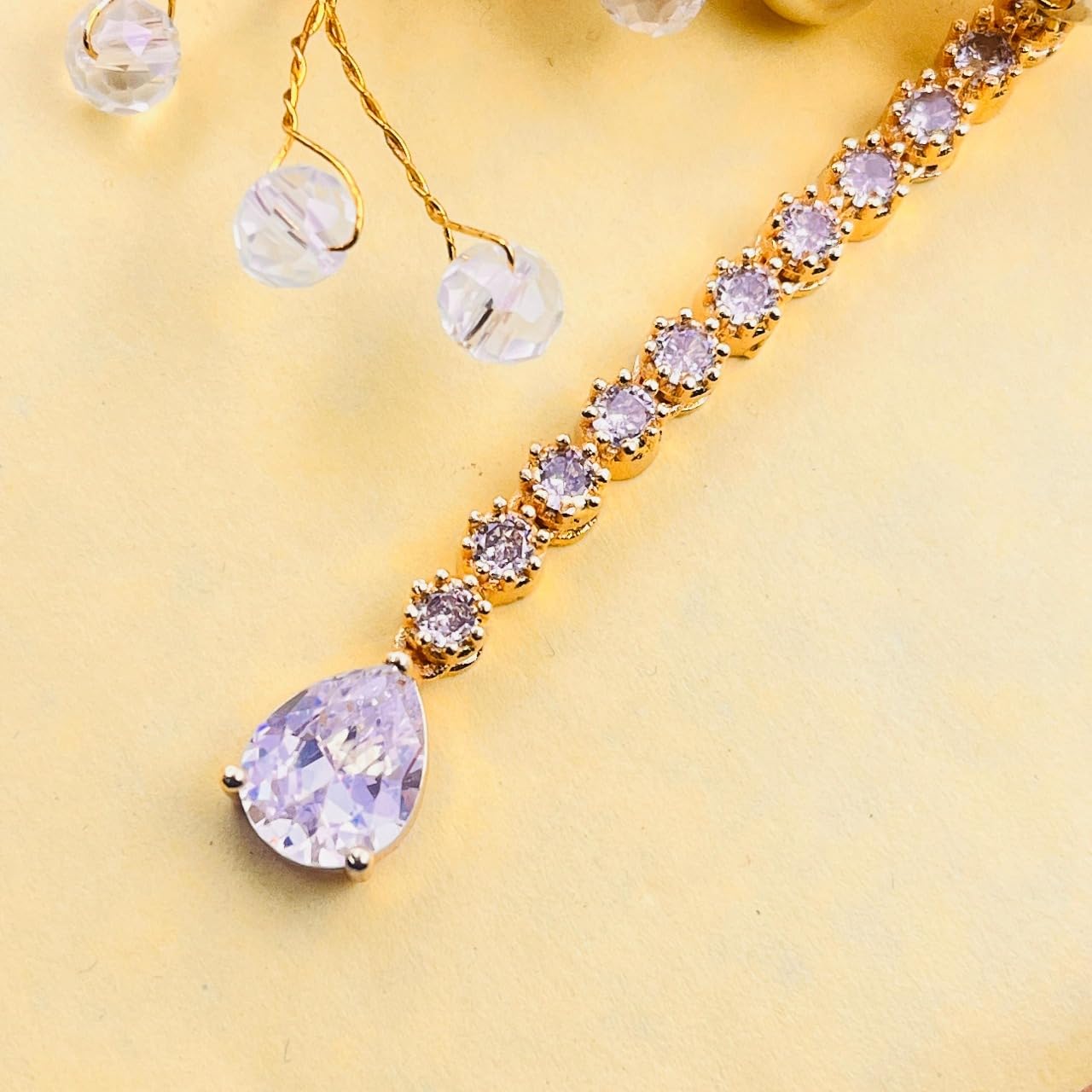 Tanaira Rhodium-Plated Maang Tikka for Women & Girls | Crystal Hair Accessory | American Diamond (AD) Studded Bridal Wedding Jewelry,Trending Style (Gold)