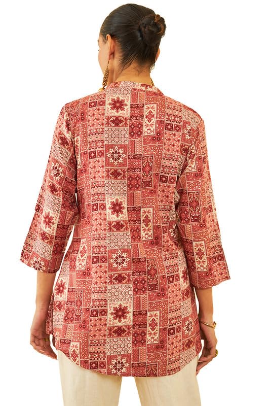 Soch Womens Brown Rayon Ethnic Motif Foil Printed Mandarin Collar Tunic