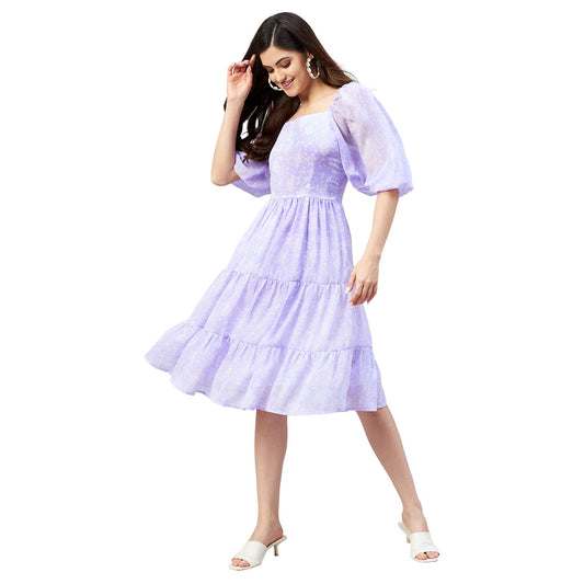 Carlton London Women's Georgette Fit and Flare Knee-Length Dress (CL646A_Lavender_Small)