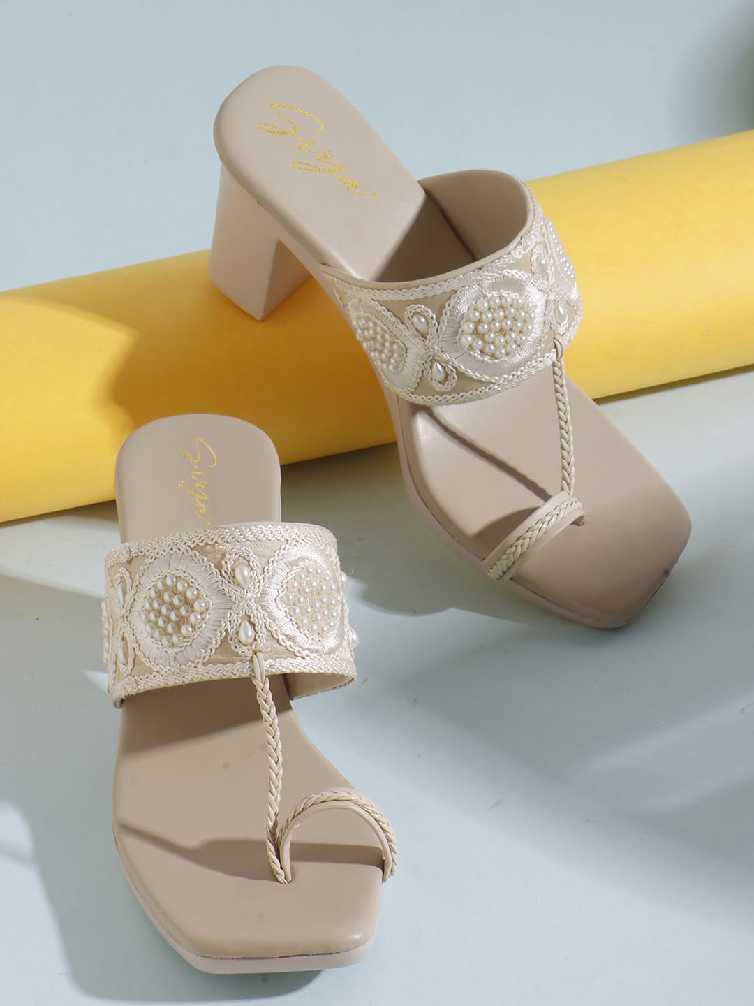 Handcrafted Embroidered Toe-Loop Women Sandals with Block Heel and Pearl Detailing for Ethnic, Festive, and Occasion Wear (Cream, UK Footwear Size System, Adult, Women, Numeric, Medium, 6)